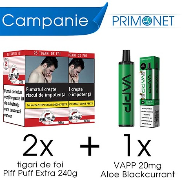 Campanie 2 x Tigari de Foi Piff Puff Extra (25) + 1 x VAPP Aloe Blackcurrant 20mg 800 pufuri