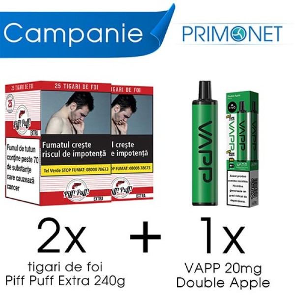 Campanie 2 x Tigari de Foi Piff Puff Extra (25) + 1 x VAPP Double Apple 20mg 800 pufuri