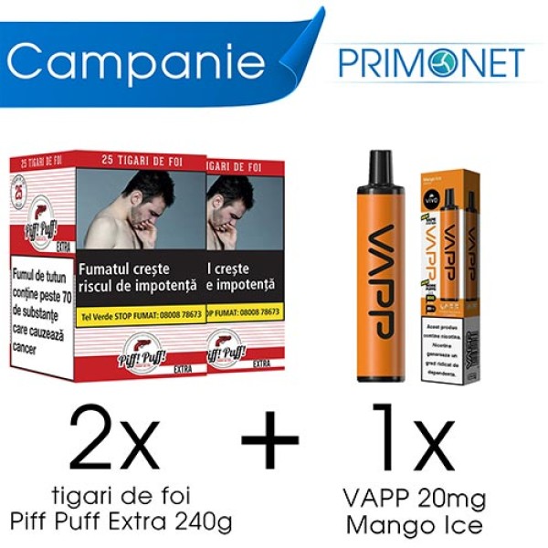 Campanie 2 x Tigari de Foi Piff Puff Extra (25) + 1 x VAPP Mango Ice 20mg 700 pufuri