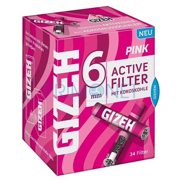 Pachet cu 34 filtre tigari cu carbon activ Gizeh Pink Activ Tips de culoare roz