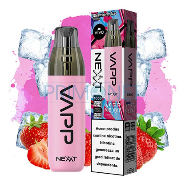 Mini narghilea de unica folosinta VIVO Nexxt Strawberry Ice 20 mg cu 1000 pufuri cu aroma de capsuni