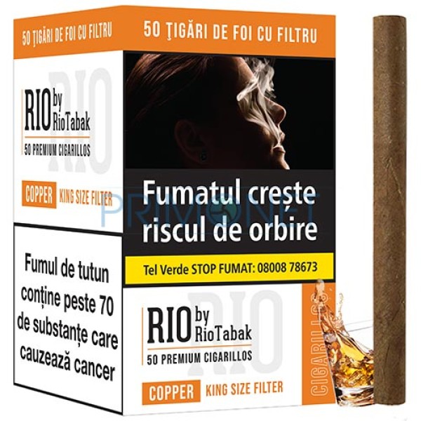 Pachet cu 50 de tigari de foi cu filtru RIO Copper Filter by RioTabak cu aroma de whisky