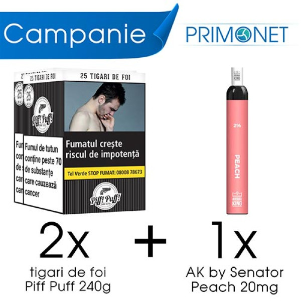 Campanie 2 x Tigari de Foi Piff Puff (25) + 1 x Ak by Senator Peach 20mg 500 pufuri