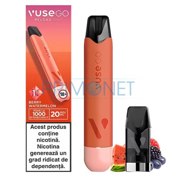 Kit vape cu capsule Vuse Go Reload 1000 Pen Berry Watermelon cu o capsula cu nicotina 20 mg