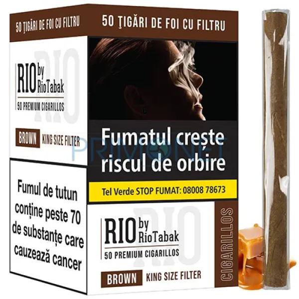 Pachet cu 50 de tigari de foi cu filtru RIO Brown Filter by RioTabak cu aroma de caramel