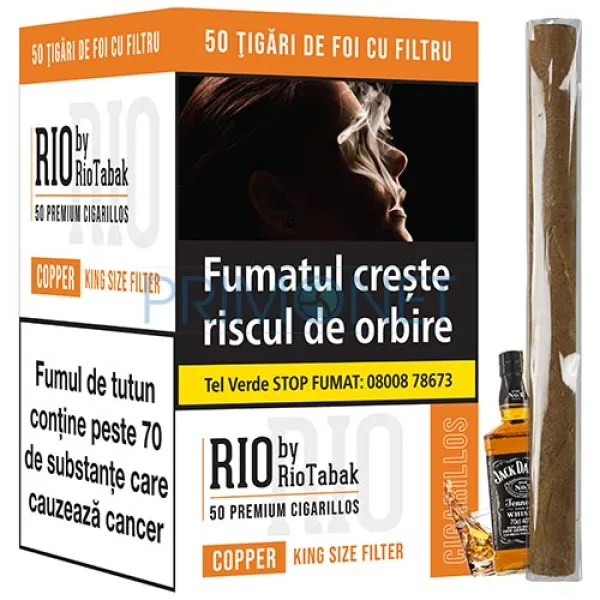 Pachet cu 50 de tigari de foi cu filtru RIO Copper Filter by RioTabak cu aroma de whisky