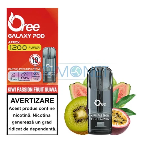 Pachet cu 1 capsula rezerva Oree Galaxy Kiwi Passion Fruit Guava 17MG cu 1200 pufuri